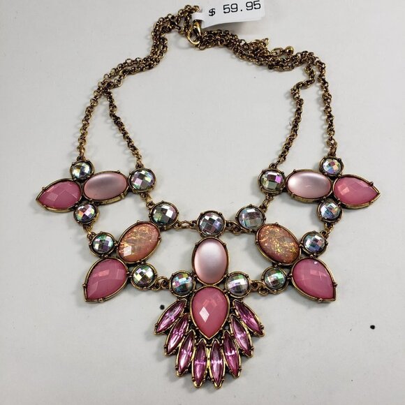 Women's Stunning Old Gold-tone & Pink Colorful Crystal Stones Statement Necklace - Picture 7 of 10